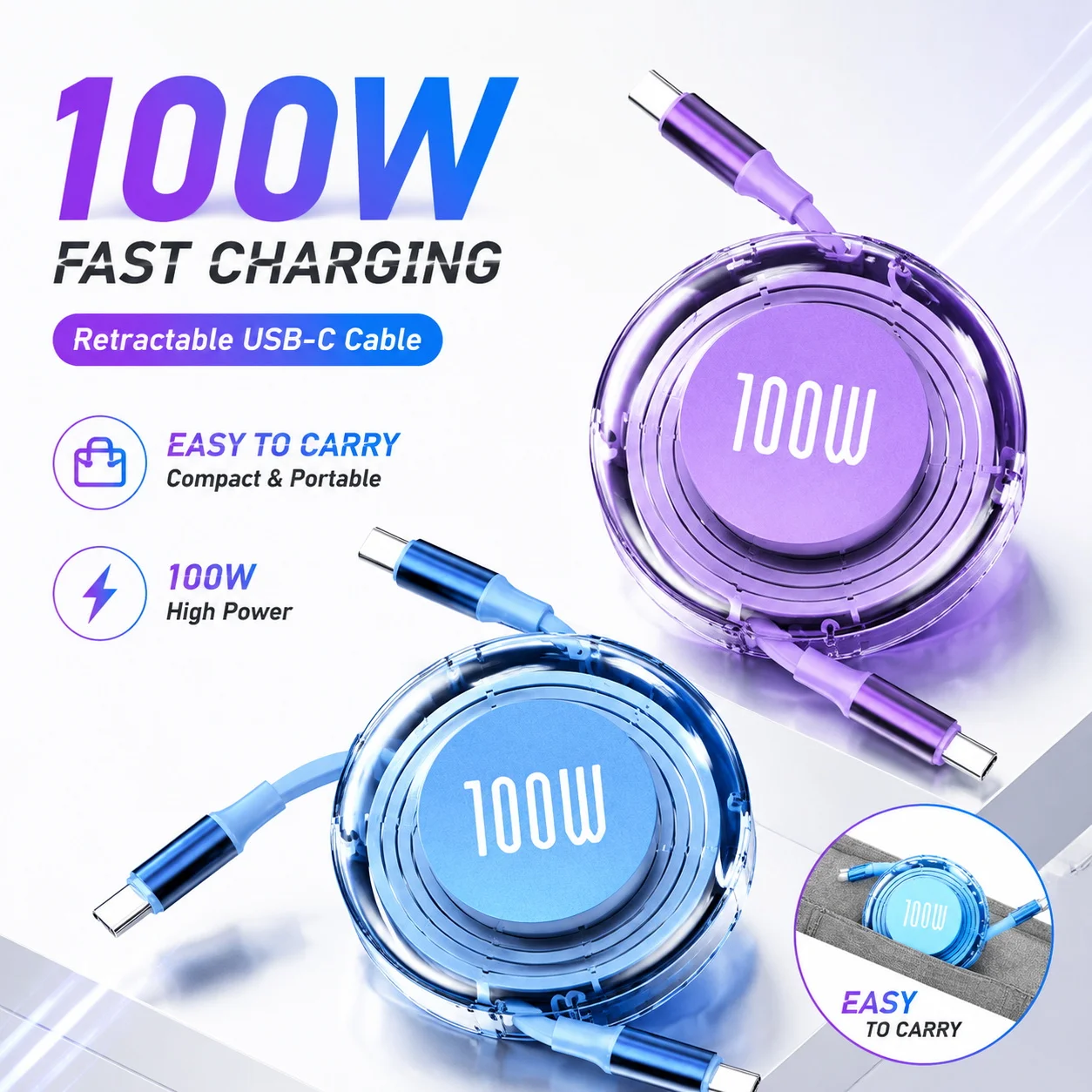 100W Einziehbares USB-C-auf-USB-C-Kabel PD Schnelllade- und Datenkabel für iPhone 16 Huawei Xiaomi Samsung MacBook Datenkabel