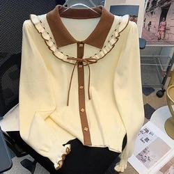 Women's Ruffled Long Sleeve Knitted Sweater Single Breasted Lapel Bowknot Tops