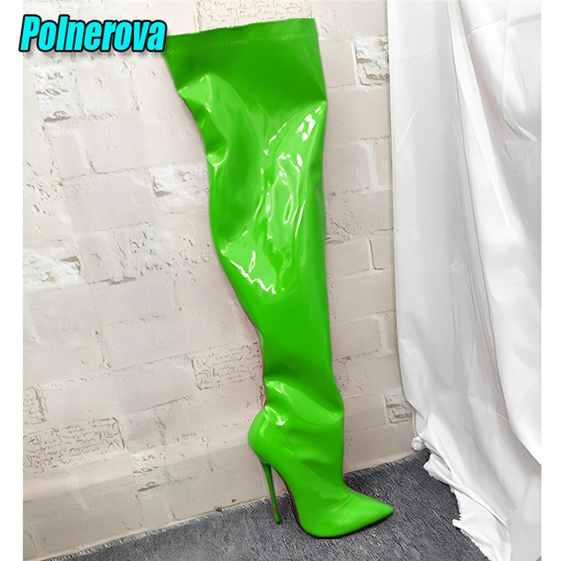 Women's Patent Leather 16CM High Heels Over The Knee Boots Sexy Pointed Toe Side Zipper Stiletto Long Boots Fashion Party Shoes
