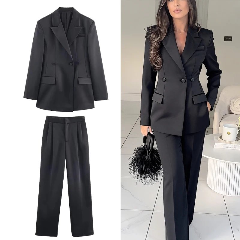 

Women's Suit Pants Two-Piece Set Satin Elegant Long Sleeve Blazer Coat + Trousers 2 Pieces Sets Office Chic Woman Outfit ﻿ ﻿