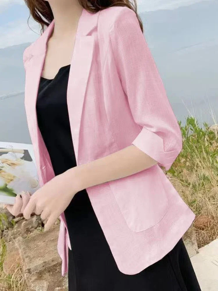 Female Clothing Jacket Solid Color Suit Elegant Causal Style Youth Clothes Linen Overcoat Fashion Commuter Dressing All Season