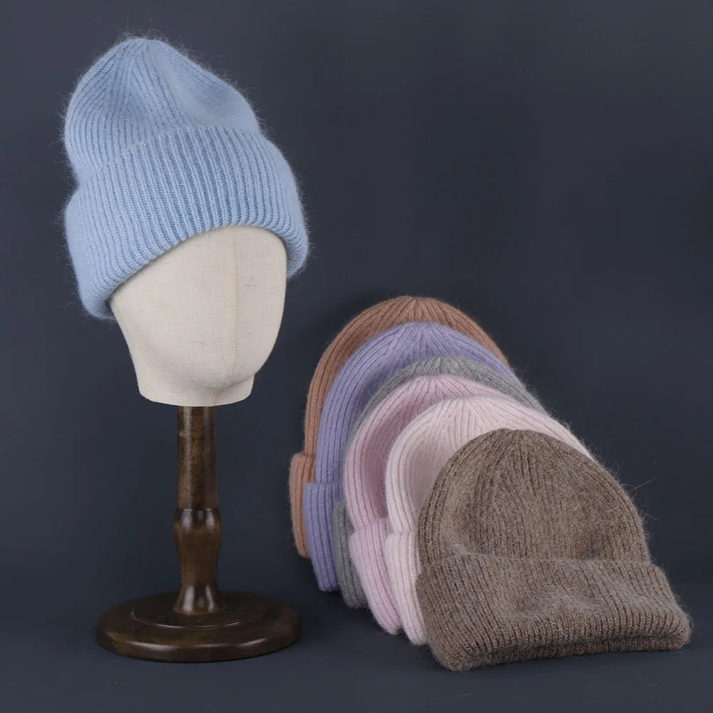 2024 Kaninchen Fell Mützen Weiche Warme Flauschige Winter Hut für Frauen Angora Gestrickte Hut Skullies Beanies Weibliche Motorhaube Frau Stricken Kappe – Detail 14