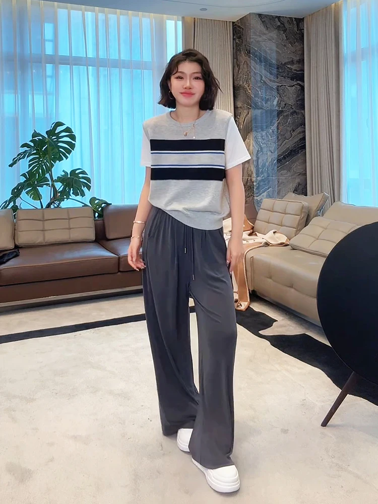 

Футболка Lao Yang из чистого хлопка, трикотажная, с коротким рукавом, для повседневной носки, стройнящая, скрывающая недостатки фигуры, летняя новинка, свободный крой, круглый вырез