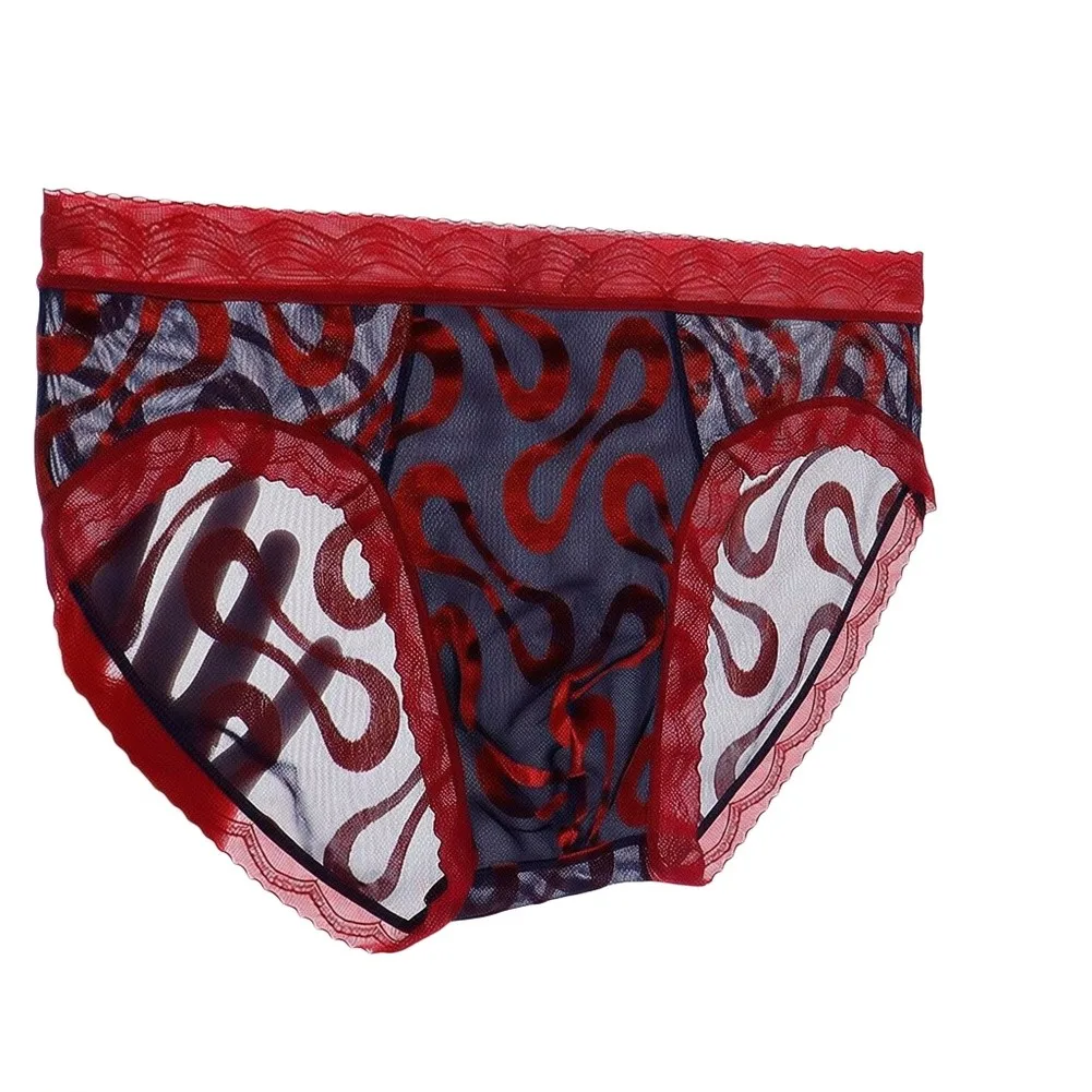 Comfortable Men's Lace Elastic Waist Briefs Shorts Underwear Bulge Pouch Transparent Flocking Printing Panties Lingerie