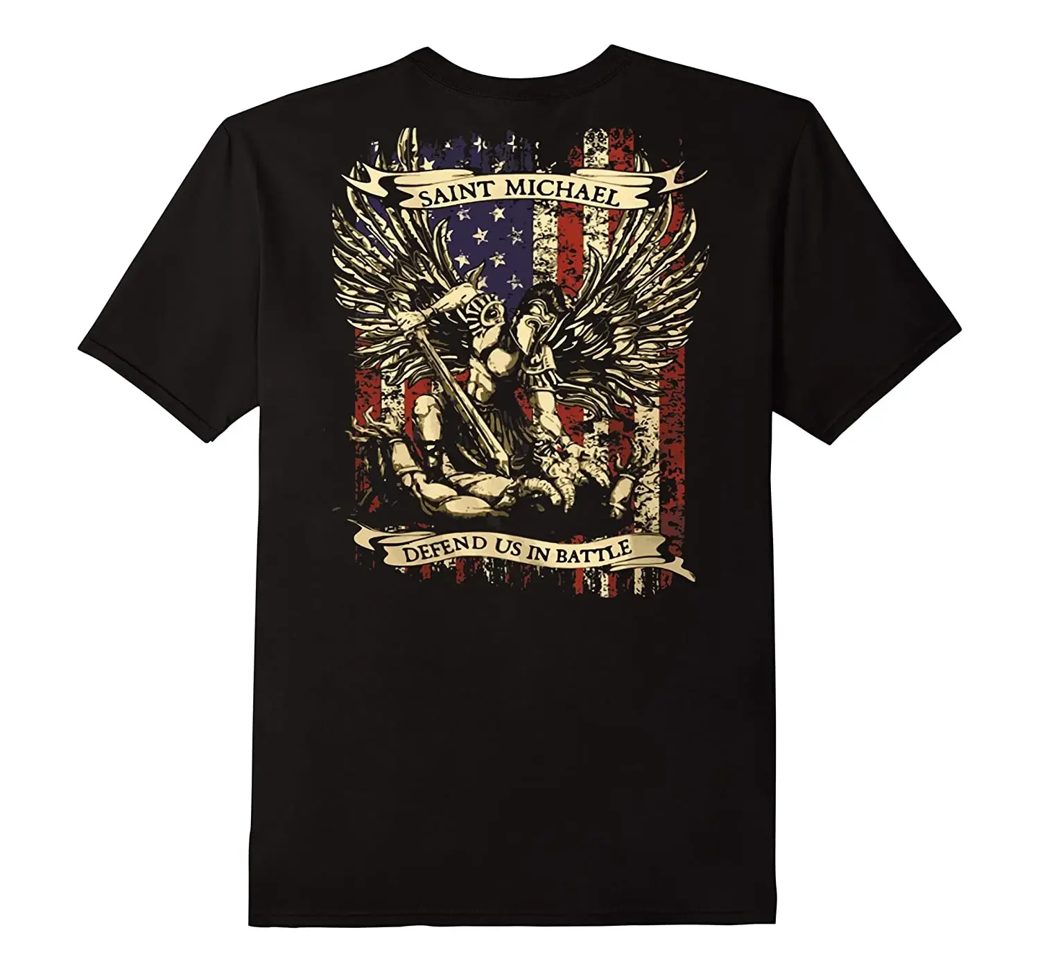 St. Michael Defend Us in Battle. American Flag The Archangel T-Shirt 100% Cotton O-Neck Summer Short Sleeve Casual Mens T-shirt