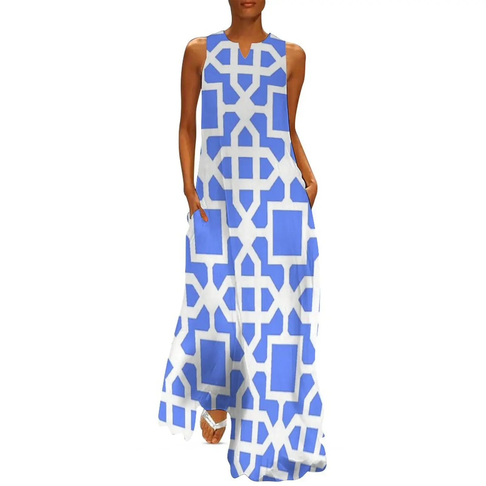 

Mid-Century Modern Blue Geometric Pattern On White Long Dress dress for women summer sexy dress