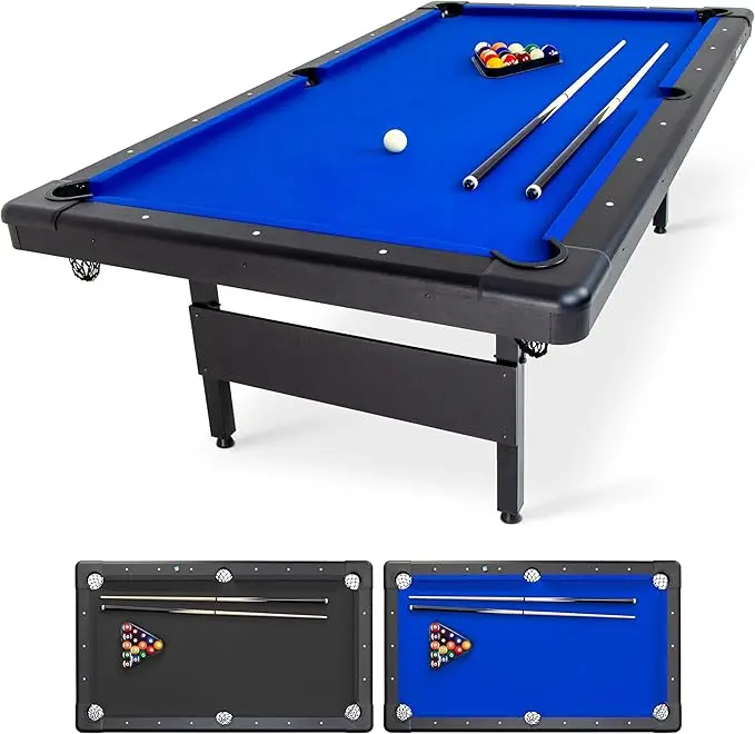 Billiards Table - Portable Pool Table - Includes Full Set of Balls, 2 Cue Sticks, Chalk and Felt Brush; Choose Size and Color