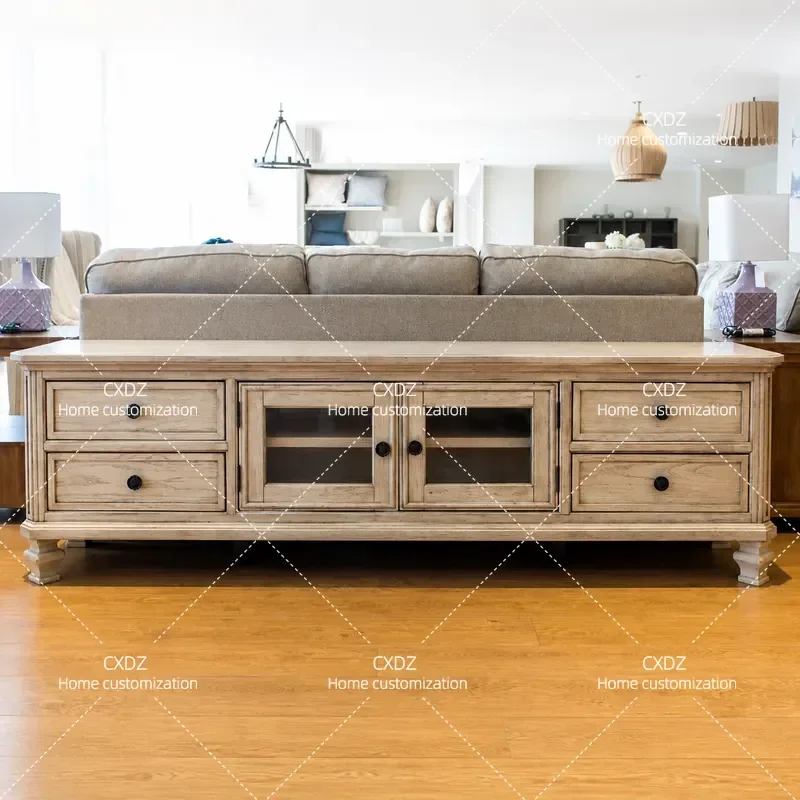 Rural Retro White Old TV Cabinet Coffee Table Combination Solid Wood Audio Visual Cabinet