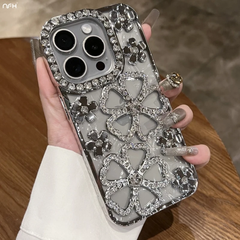 For iPhone 15 Pro Max Luxury Flowers Flash Diamond Plating Frame Phone Case For iPhone 11 12 13 14 16 Plus Soft Rhinestone Cover