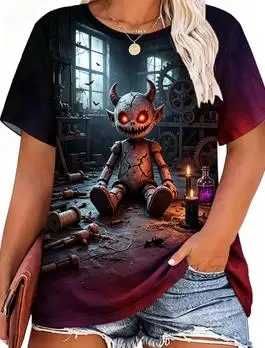 Women Halloween Ghost Haunted House Print T‑Shirt Spooky Bat Moon Scene Crew Neck Short Sleeve Holiday Casual Tops