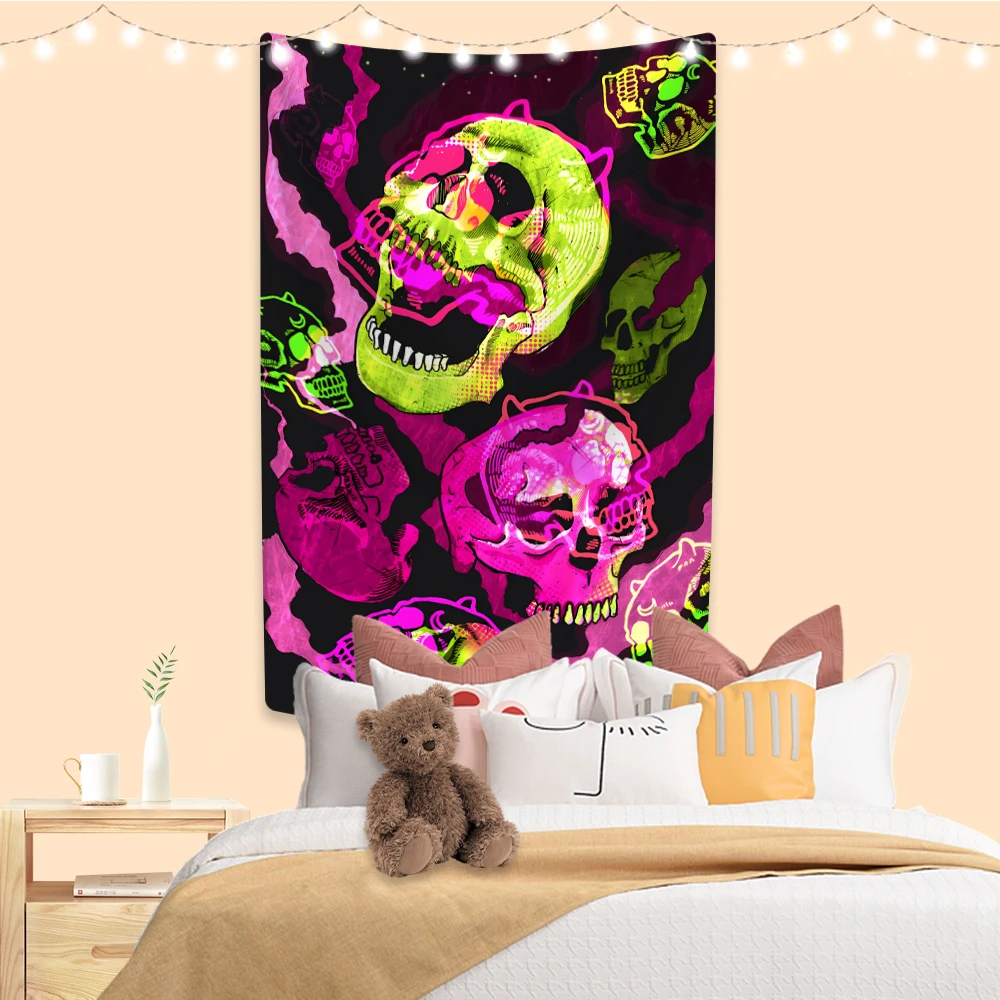 

Psychedelic Skeleton Tapestry Hippie Art Printed Bedroom Decoration Aesthetics Wall Hanging Dorm Backdrop Sofa Blanket