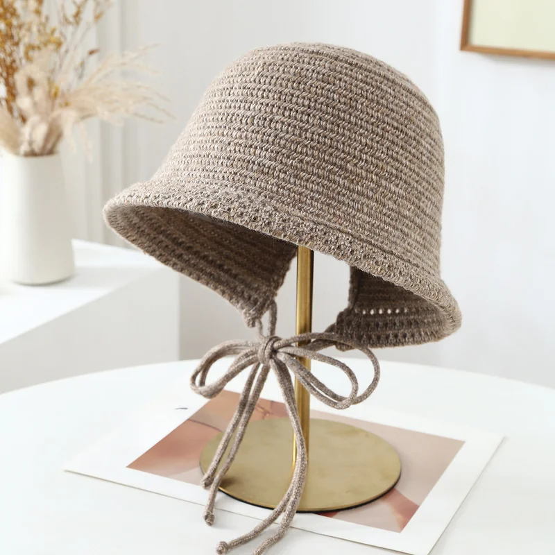 Women's Solid Color Literary Bucket Hat Back Split Lace-up Slimming Casual Cap Fall Winter Fashion Accessory