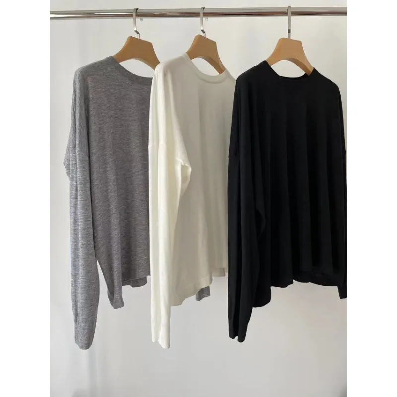 LUXURY Wool Top Three Color Loose Version Lazy Style Round Neck Long Sleeved Shirt 2024 Early Autumn New Relaxed Feeling