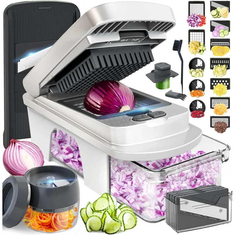 

The Ultimate All-in-One Vegetable Cutter: 12-Blade Mandoline Slicer, Dicer & Spiralizer with Collection Container