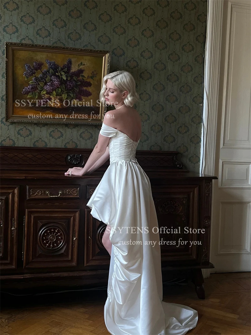 SSYTENS High/Low Satin Wedding Dresses Simple Off the Shoulder Sleeveless Beach Strapless Bridal Gown Sexy Backless Customized