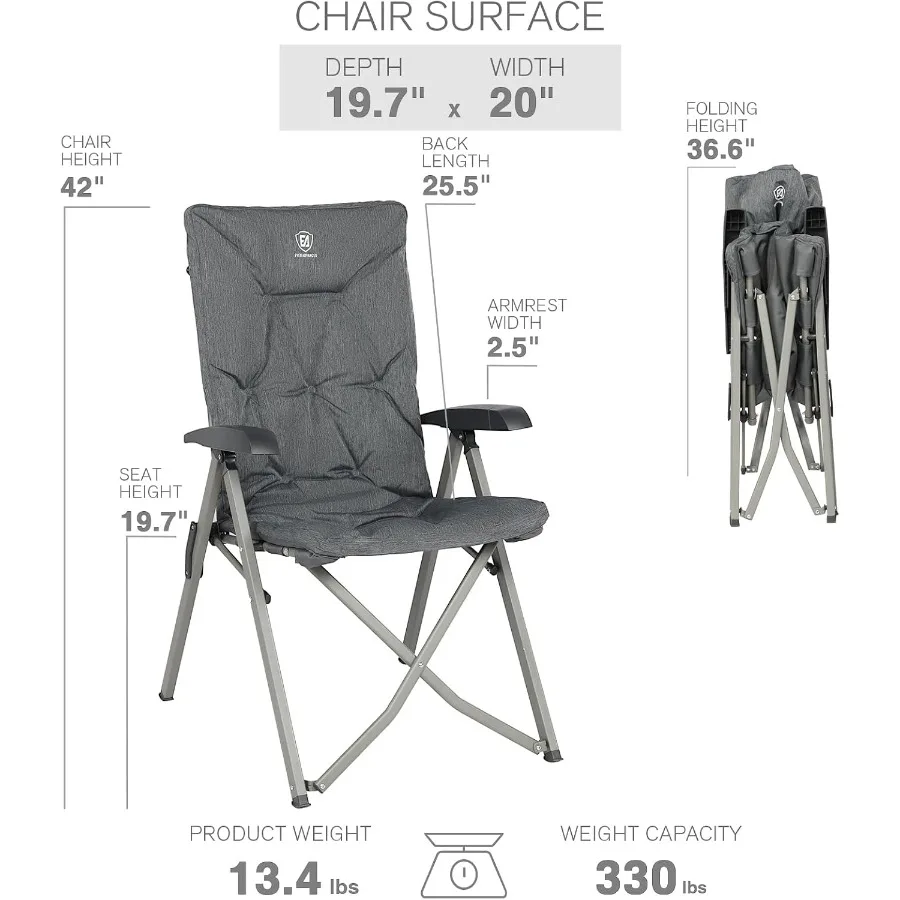 Luxury camping chairs 2-set for adults: heavy-duty high-back oversized folding garden chairs, grey padded fabric, 330LBS capaci
