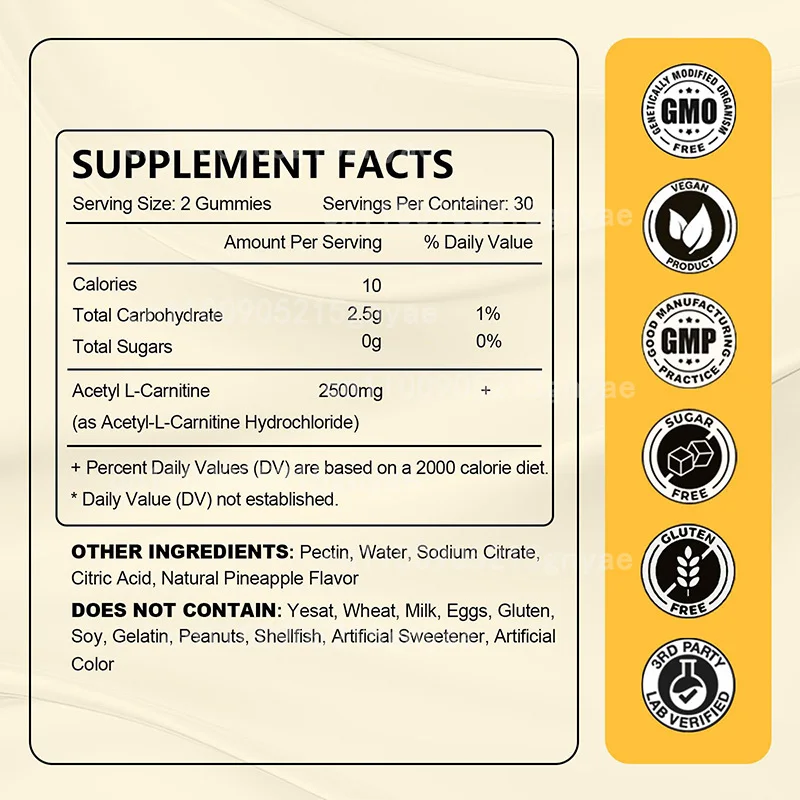 L-carnitine Gummies | Non GMO, Vegan, Gluten Free | Natural Blueberry Flavored 60 Gummies