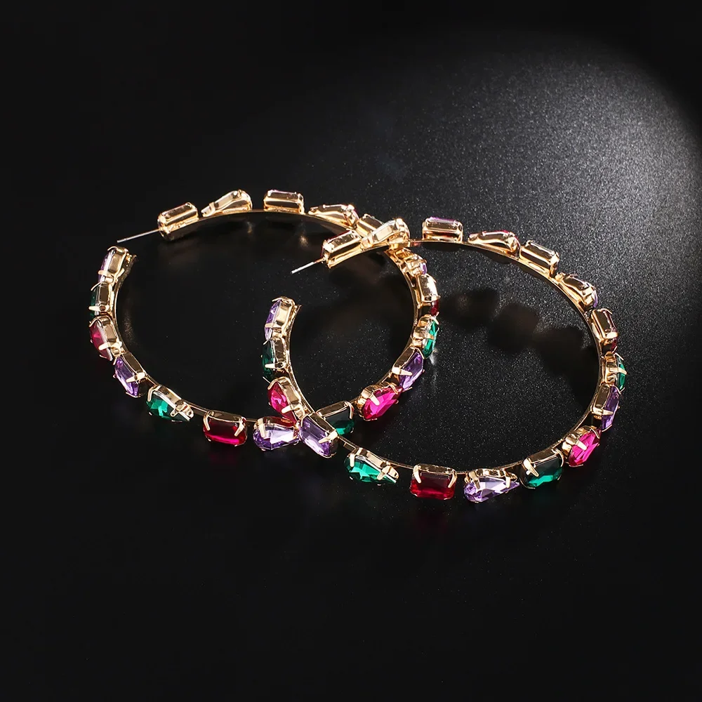 BOXUAN Fashion Rhinestone Earrings in Multi Color Women Jewelry Large Hoop Post Earrings Gold Round Cushion Cut Earrings