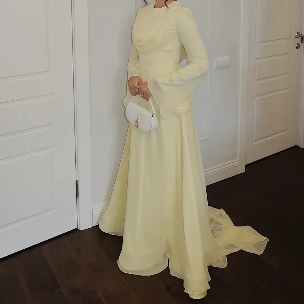 

Floor Length Long Sleeves Sweep Train Solid Color Straight Saudi Arabia Evening Gowns Elegant Dresses For Formal Occasions 2024