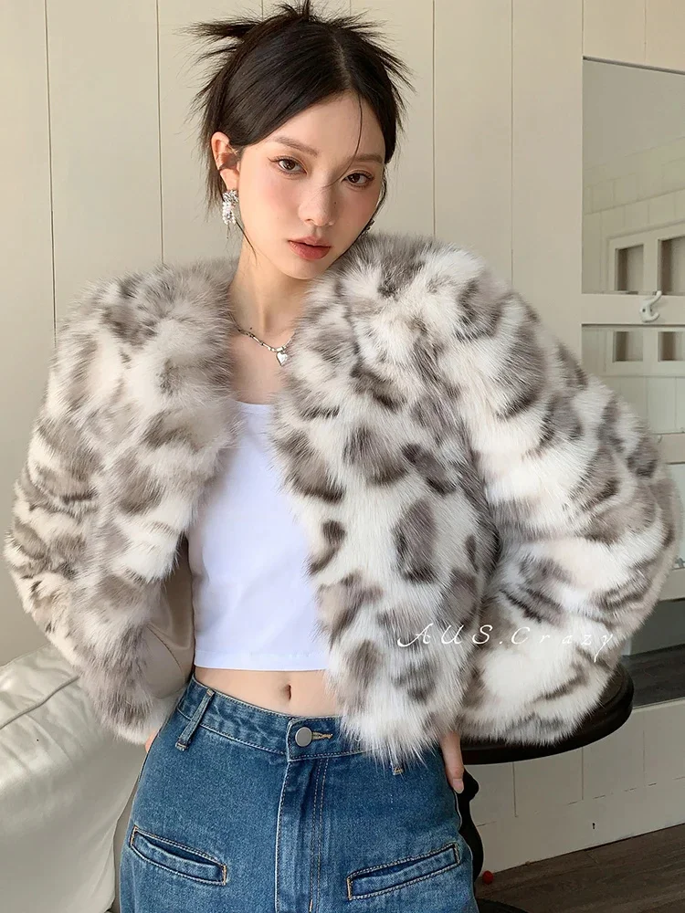 Real Leopard Fur Winter Coat for Women Short Fashion Tie-dye Natural Fox Shaggy Jacket Streetwear manteau fourrure femme