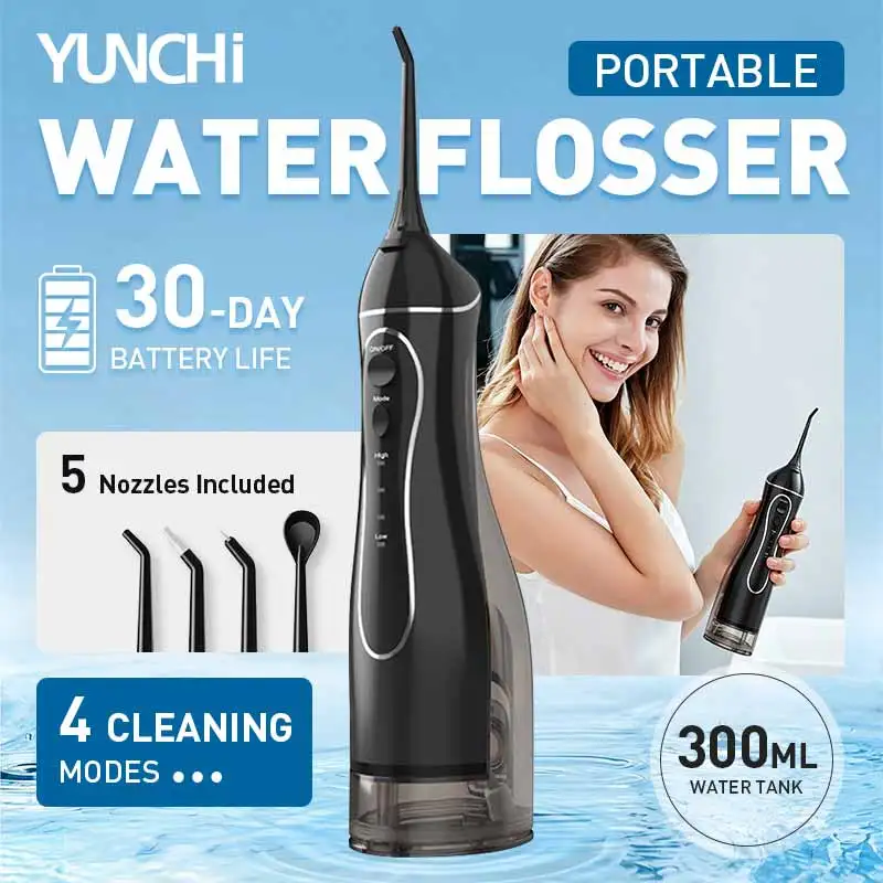 Yunchi Cordless Oral Irrigator 300ML Portable Water Jet Flosser Appliance Battery Powered 5 Nozzles 4 Modes IPX7 Waterproof C10