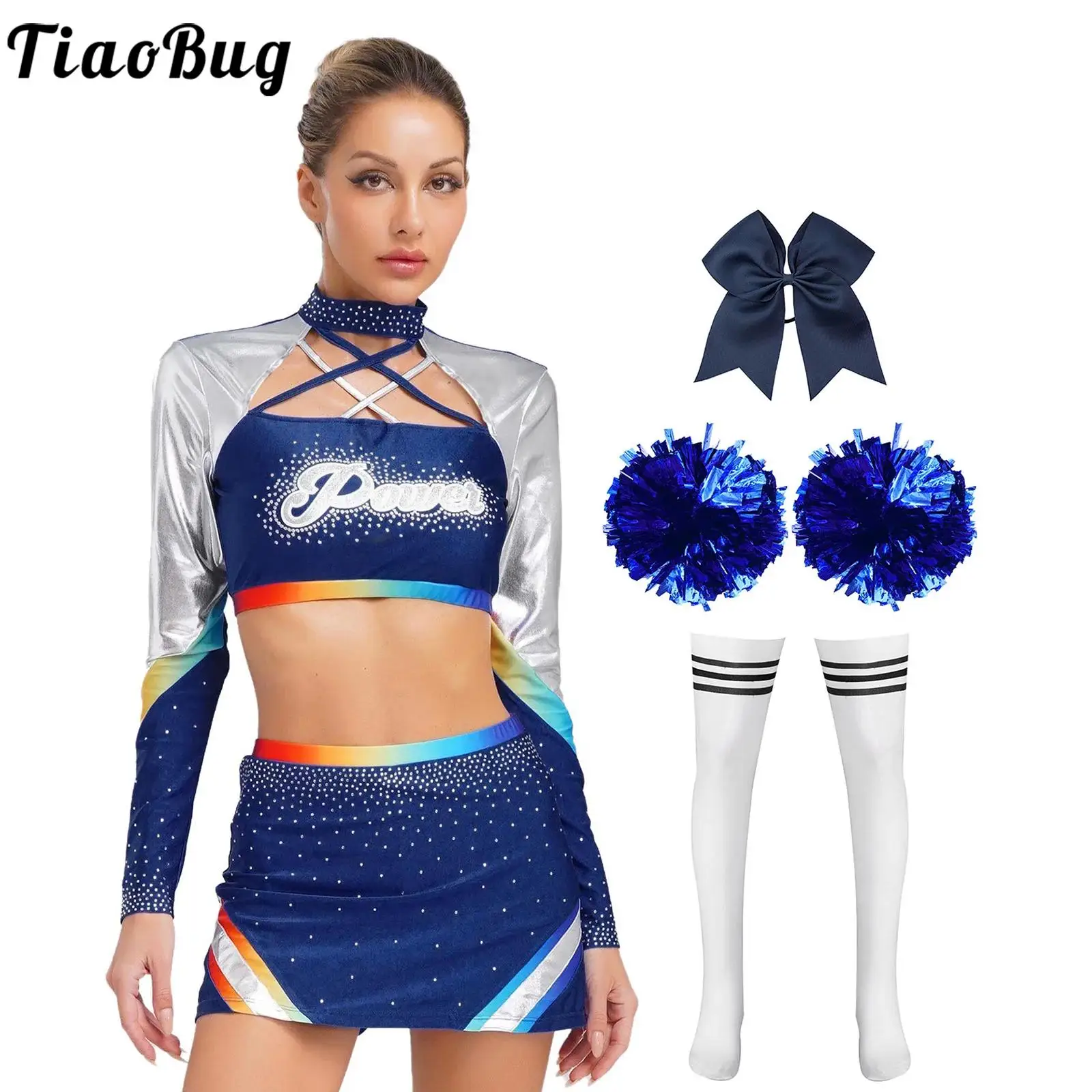 

Women Cheerleading Dancewear Uniform Set Long Sleeve Crop Top with Rhinestones Skirt And Hair Ties Headband Flower Balls Socks