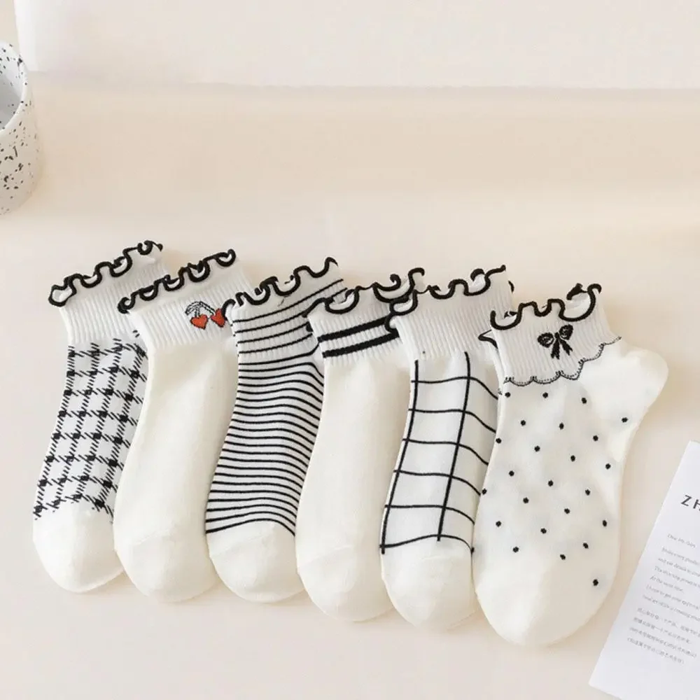 

5 пар женских белых носков с оборками, милые полосатые носки Y2k, хлопковые носки в стиле Харадзюку Лолиты для девочек, носки с бантом