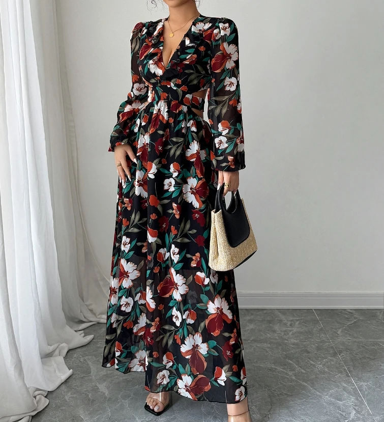 Damenkleid, fortschrittlicher minimalistischer Stil, tiefer V-Druck, Schlitz, langes Kleid für Damen, Sommer, weibliche Mode, hohe Taille, A-Linien-Kleider