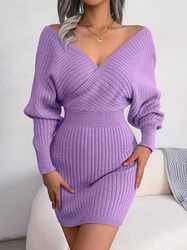 Bodycon Sweater Dresses For Women 2023 Autumn Winter Casual Long Sleeve Knitted Clothes White Green Blue Black Purple