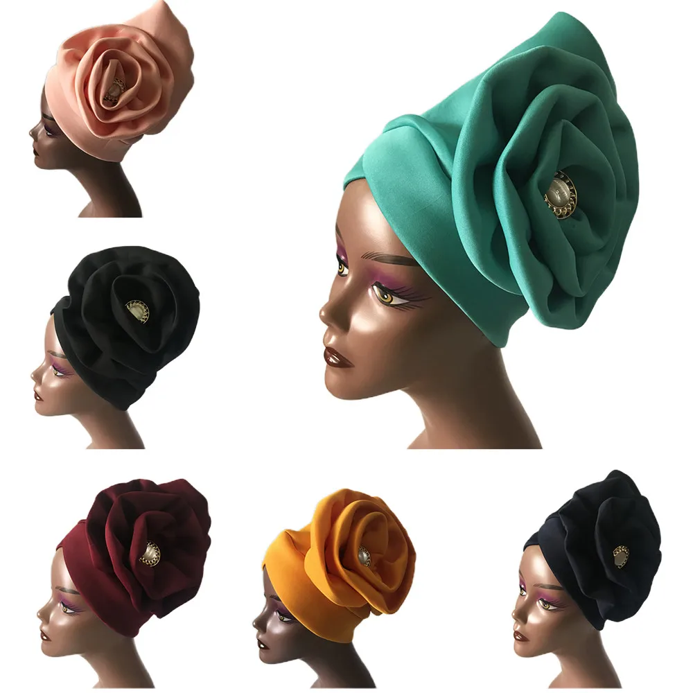 Big Flower Turban Bonnet For Women Rhinestones Muslim Female Headscarf Hat Ladies Head Wraps Ready to Wear Hijab Cap 6 Pcs/pack