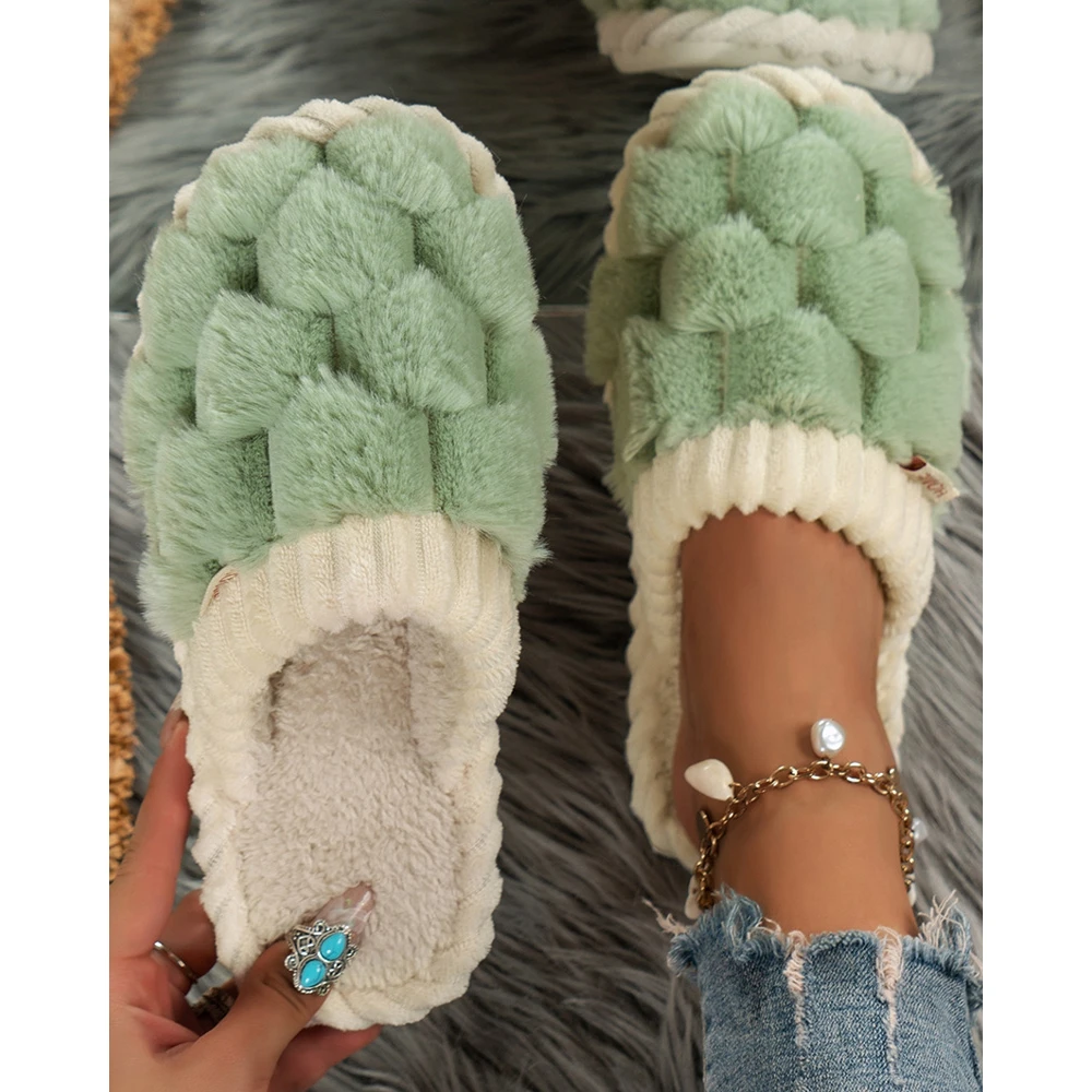 

Home Fashion Women Flat Slippers Femme Contrast Paneled Geometric Indoor Slippers Fuzzy Lined Slipper Casual Winter Warm Shoes