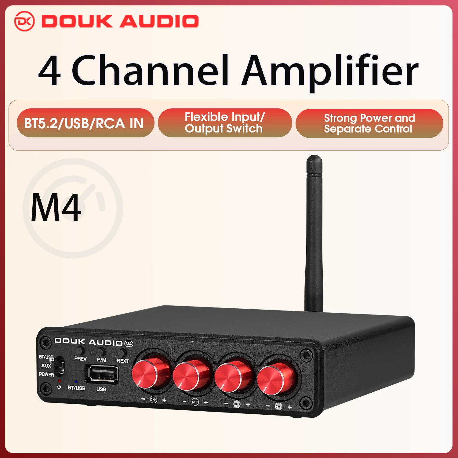 Douk Audio M4 Mini 2/4 Channel Bluetooth 5.0 Digital Amplifier Stereo Audio Receiver Desktop Audio Amp USB Music Player 50W*4