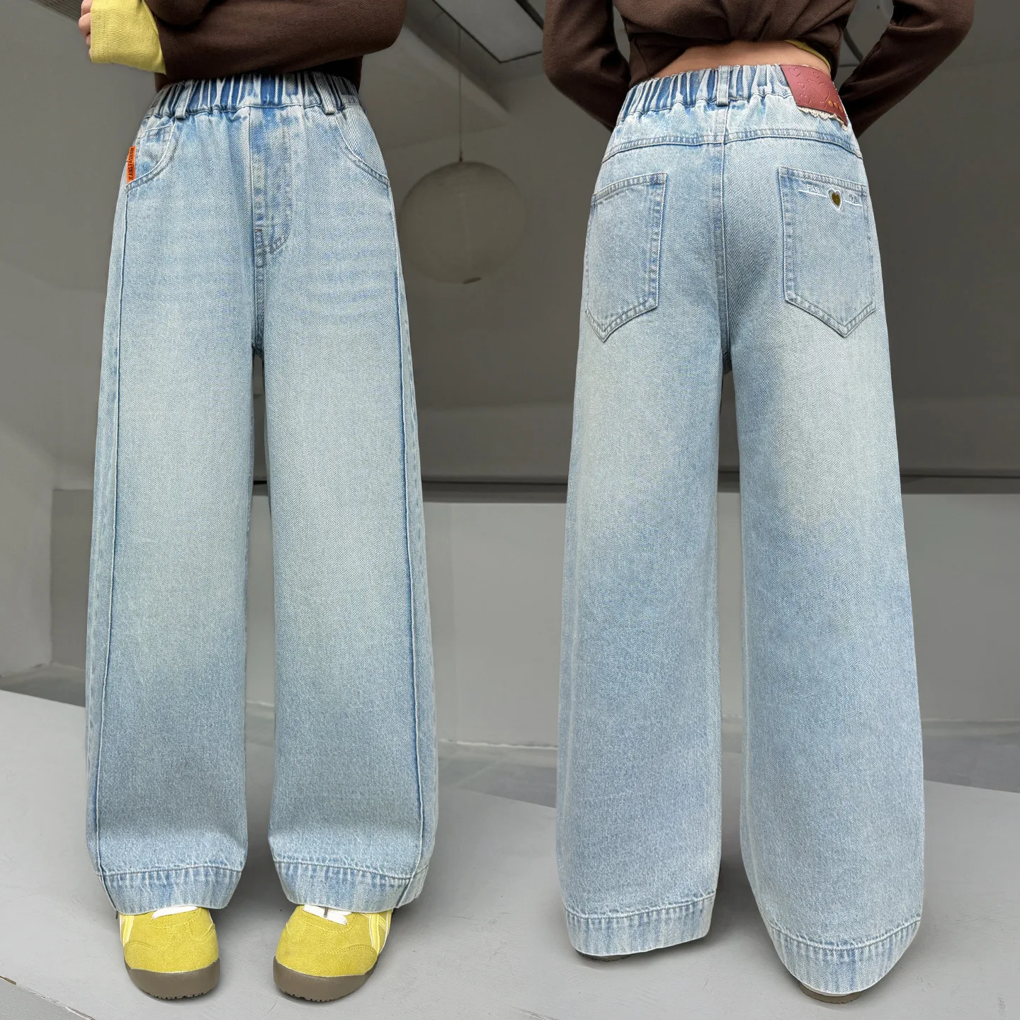 Spring Autumn Children's Pocket With heart shape Wide Leg Jeans Contrast Loose Relaxed Pants Girls Jeans Baby Kids Trousers 4-14