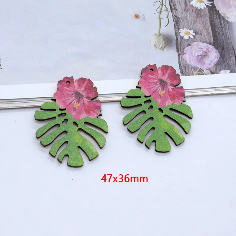 10pcs Vintage Hollow Drop Flamingo Leaf Wood Charms Bohemia Cross Flower Earring Keychain Pendant DIY Jewelry Make AE295