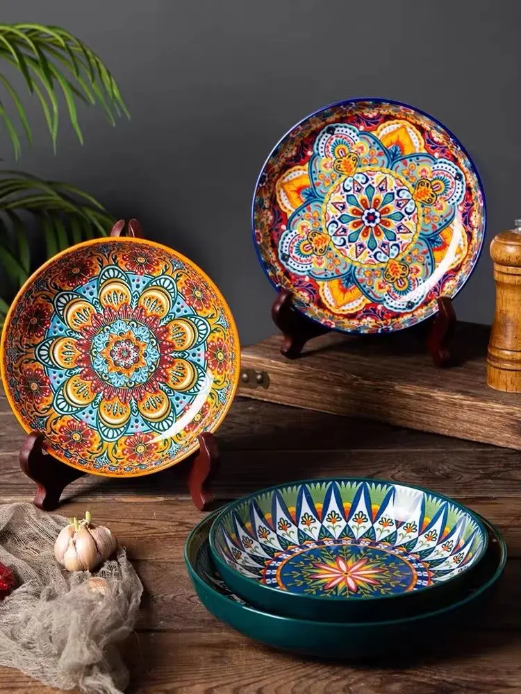 7/8inch Bohemian Ceramic Underglaze Colour Plate High Appearance Level Home Creative Dish Plate Fruit Steak Round Plate
