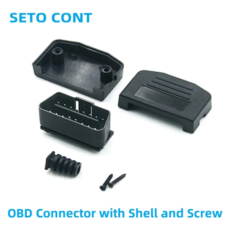 J1962 Universal Black 12V or 24V OBDII Plug Assembled L Type 16 Pin Male Auto OBD Connector with OBD2 Case Screw Strain Relief