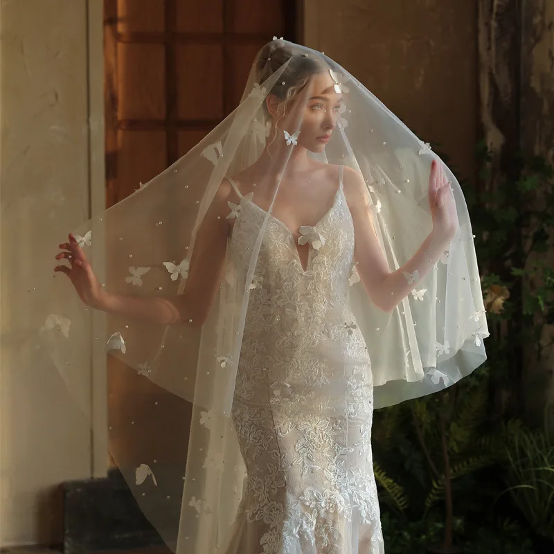 Cathedral Wedding Veil Butterflies Applique with Pearls Bridal Veils with Comb L&P DQL Studio