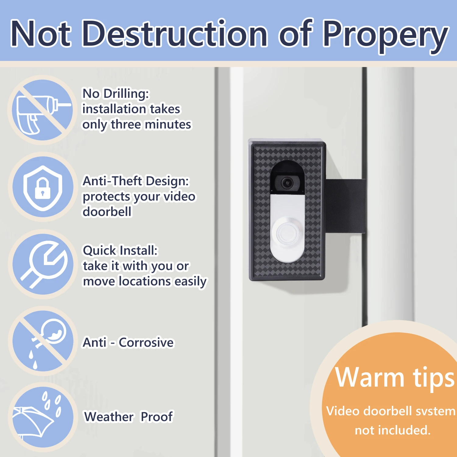 Anti-Theft Video Doorbell Mount, No Drill Doorbell Holder for Apartment Hotel Rental Homes, Compatible with Ring Video Doorbell