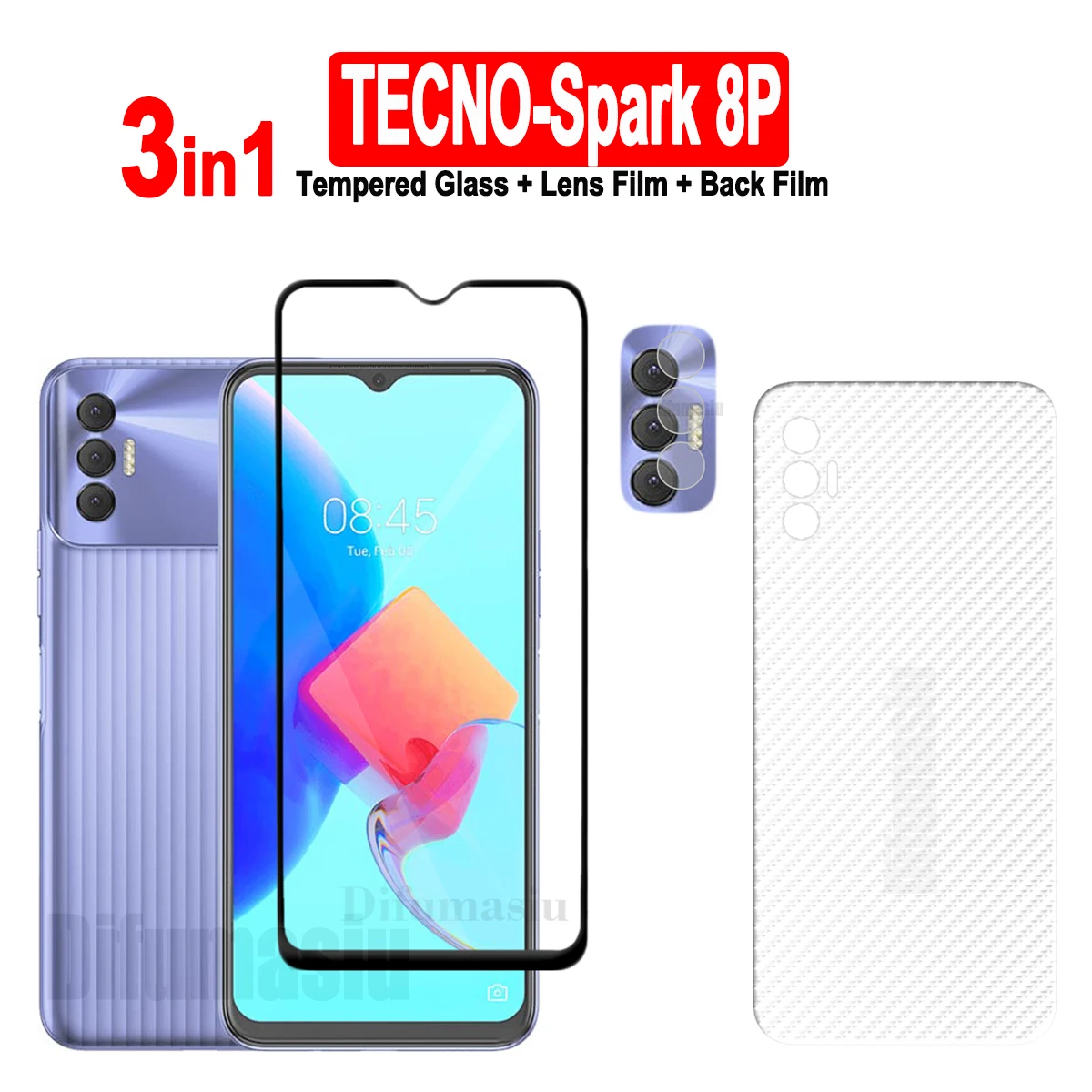 

For Tecno Spark 8P Tempered Glass Screen Protectors Soft Camera Lens Protector Full Cover Screen Glass 3in1 Back Film