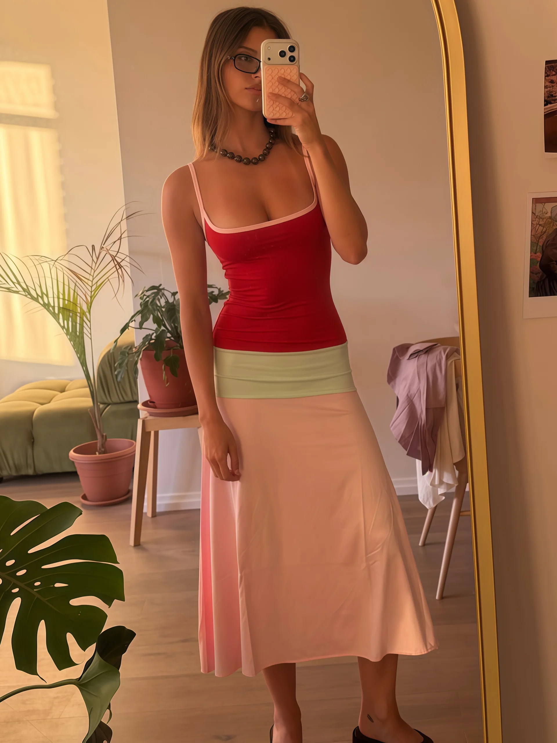Absobe Women Color Block Cami Long Dress Spaghetti Strap High Waist A Line Swing Maxi Dress Summer Vacation Beach Casual Outfit - Image 5