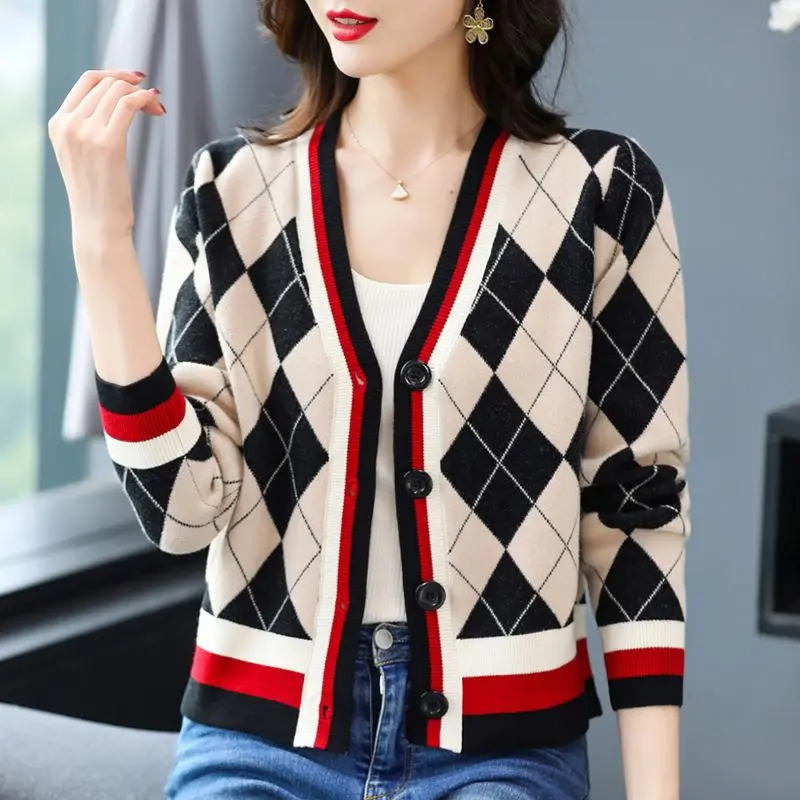 Lattice Graphic Patchwork Casual V-neck Loose Cardigan Office Lady Straight Button Autumn Winter Thin 2022 Women's Clothing Tops