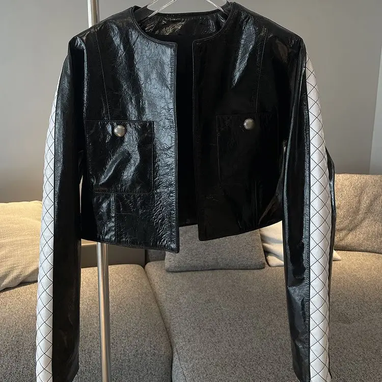 

2023 Genuine Leather Jacket, Autumn and Winter New Style, Small Fragrance, Cowhide, Oil Wax, Leather, Diamond Grid, Pressed Line