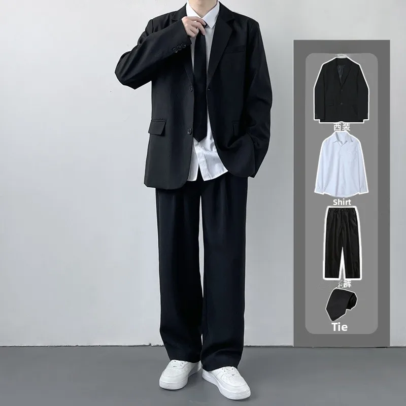 

Casual Men's Suit Set Shoulder Padded Classic Korean Style College Fashion Versatile Class Uniform Formal Outerwear Jacket