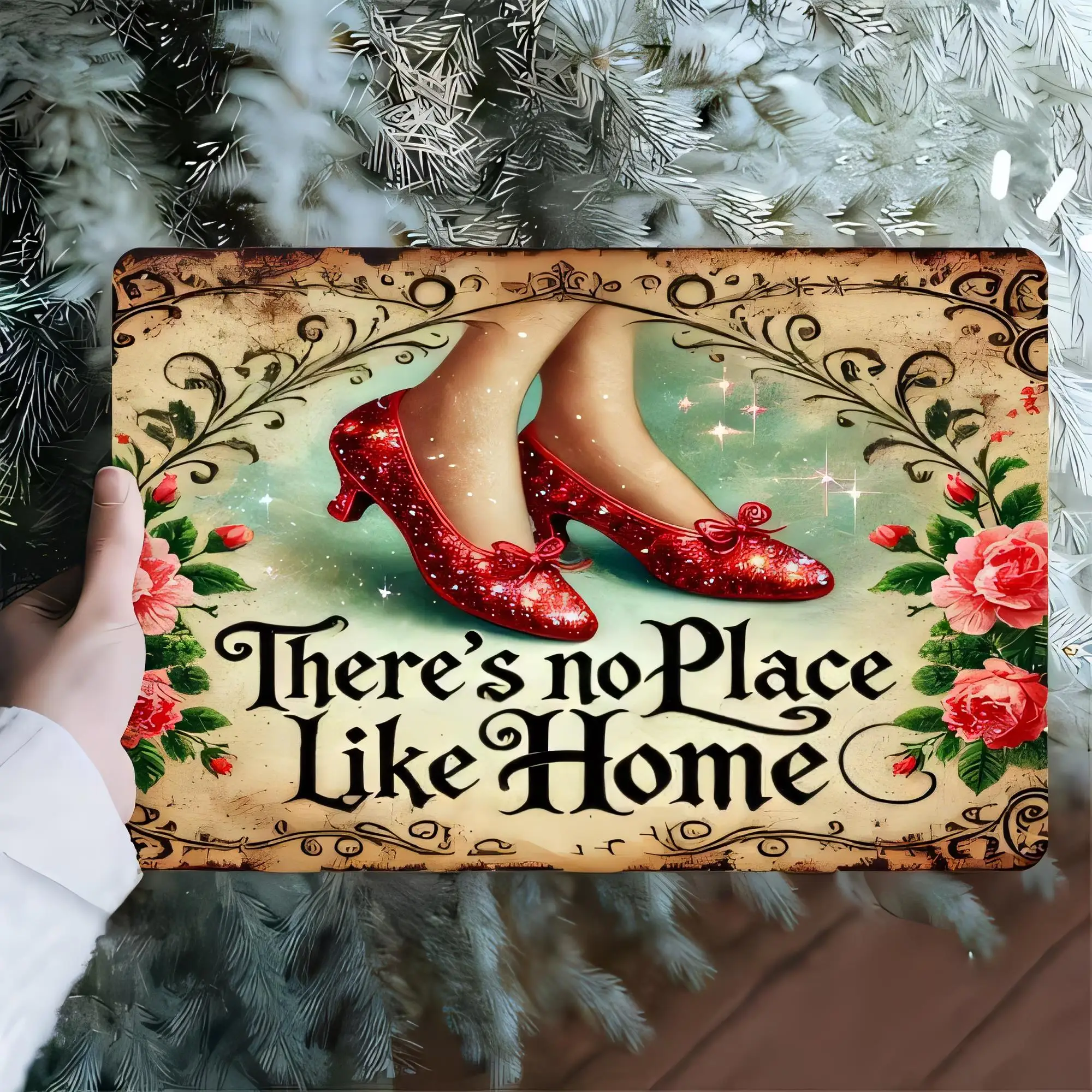 Tin Sign Vintage “There’s No Place Like Home” Glitter Red High Heels Floral Retro Metal Plaque Wall Art Home Decor  , Cottagecor