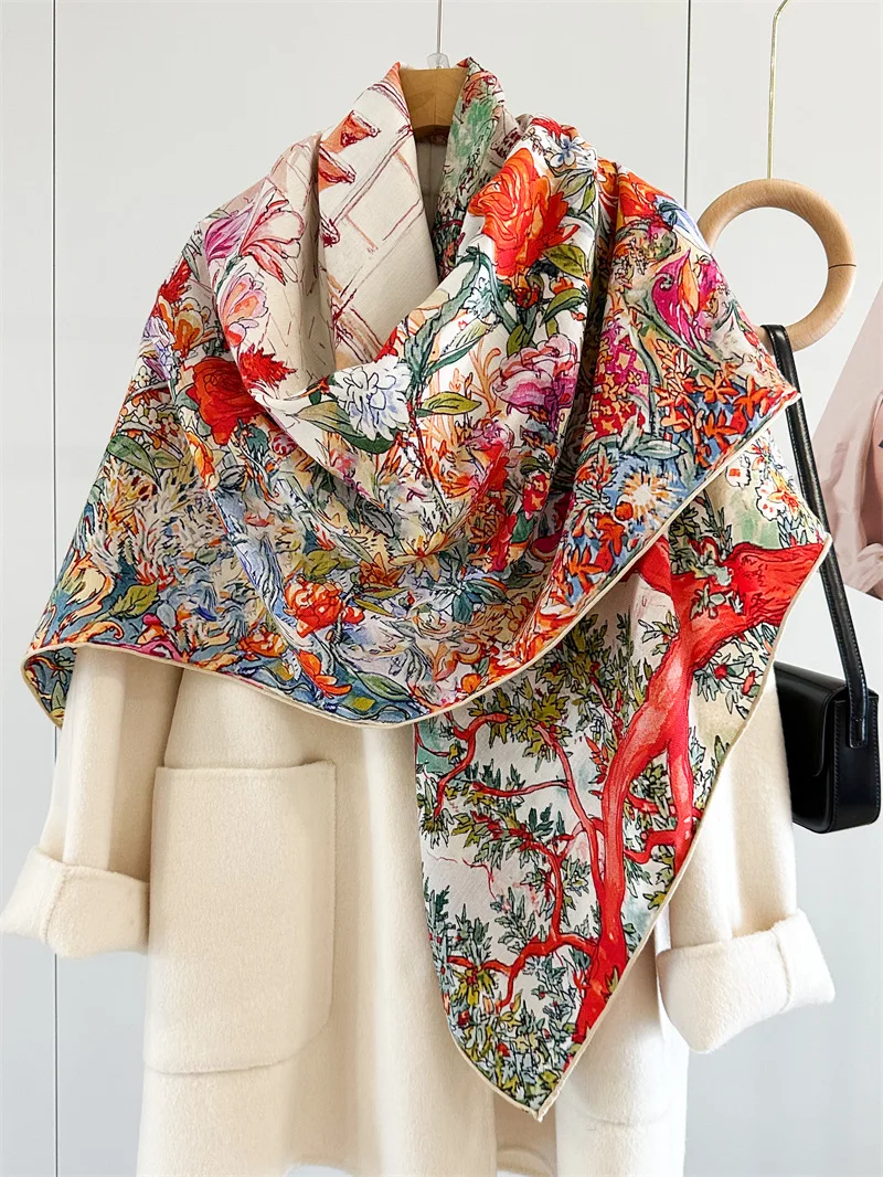الراقية حديقة تصميم الحرير الصوف شال مربع كبير المرأة المألوف مزدوجة الجانب طباعة وشاح #4
