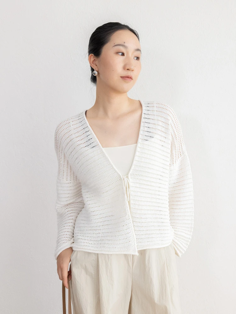 

JENUNIQUE летний вязаный кардиган с вырезами, женский свободный тонкий хлопково-льняной дышащий верхняя одежда с кондиционером