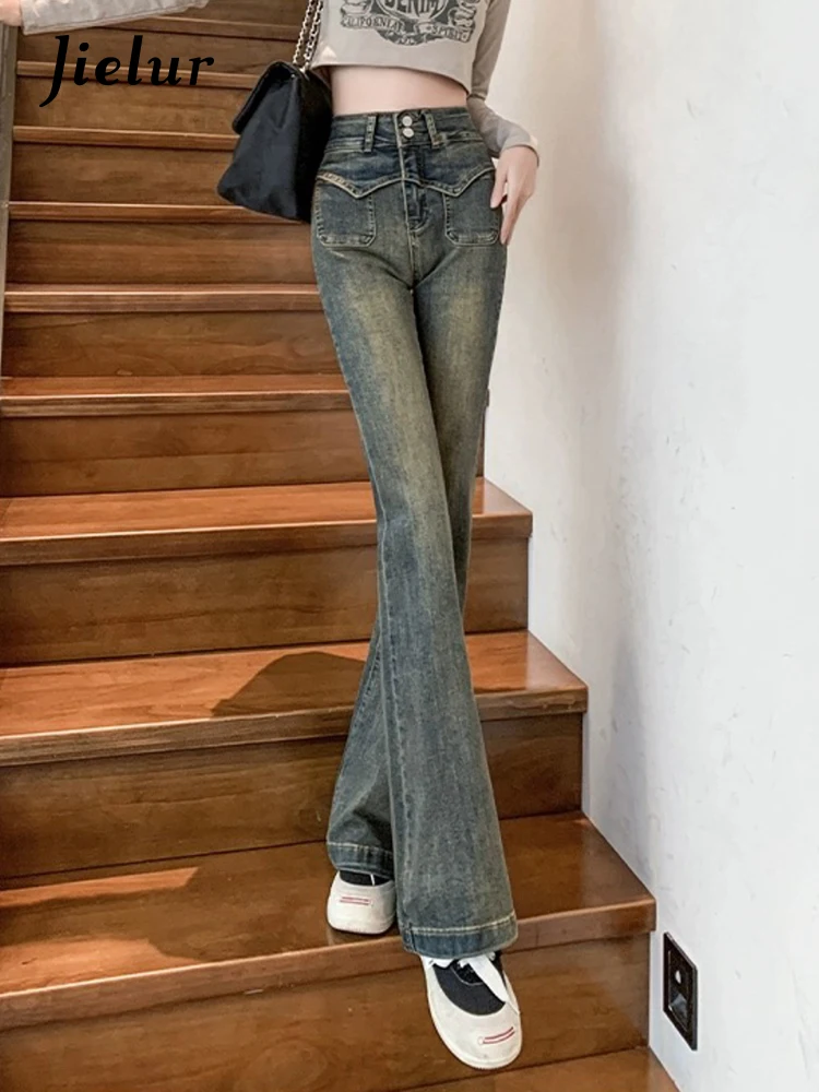 Jielur hohe Taille Vintage schlanke schicke Damen Jeans gerade Doppel knöpfe Mode weibliche Streetwear Taschen einfache Flare Hosen