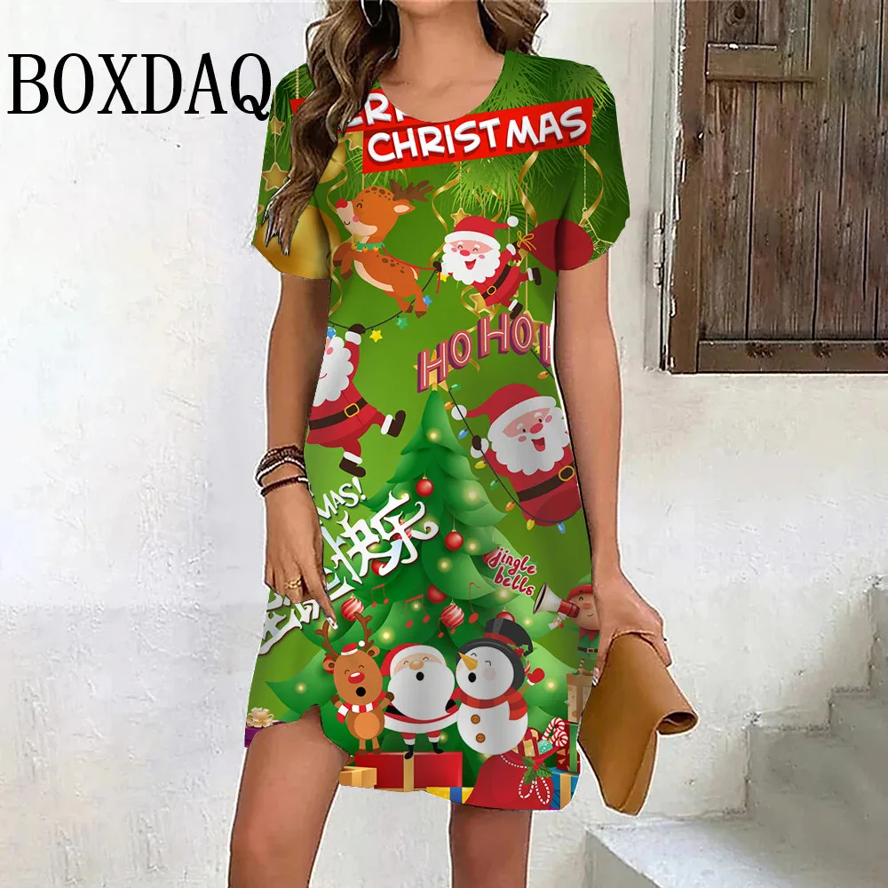 2024 Christmas Tree Print Women Party Mini Dress Sweet Funny Cute Santa Claus Women\'s Dress Fashion Short Sleeve A-Line Dresses