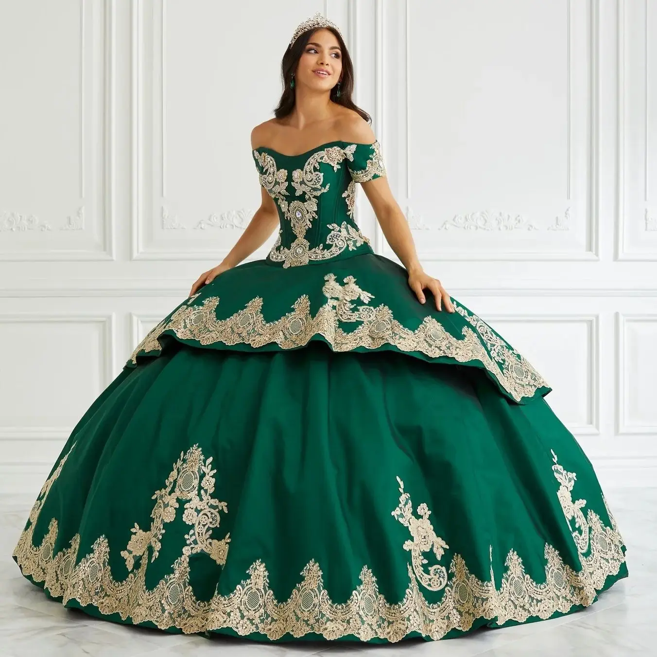 Green Charro Quinceanera Dresses Ball Gown Off The Shoulder Satin Appliques Puffy Mexican Sweet 16 Dresses 15 Anos Customized