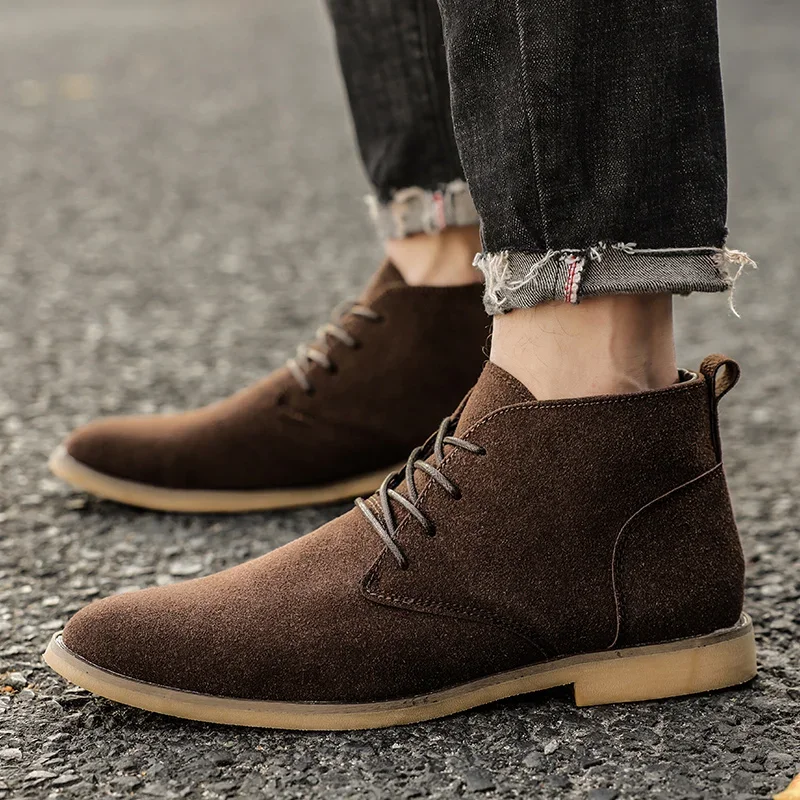 British Style Brown Chelsea Boots For Men High Top Dress Shoes Comfortable Pointed-toe Men's Ankle Boots Lace-up Short Boot Man